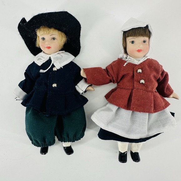 The Unbranded Brand Other - VTG‎ Amish Boy & Girl Articulated Porcelain Dolls Dainty 6"